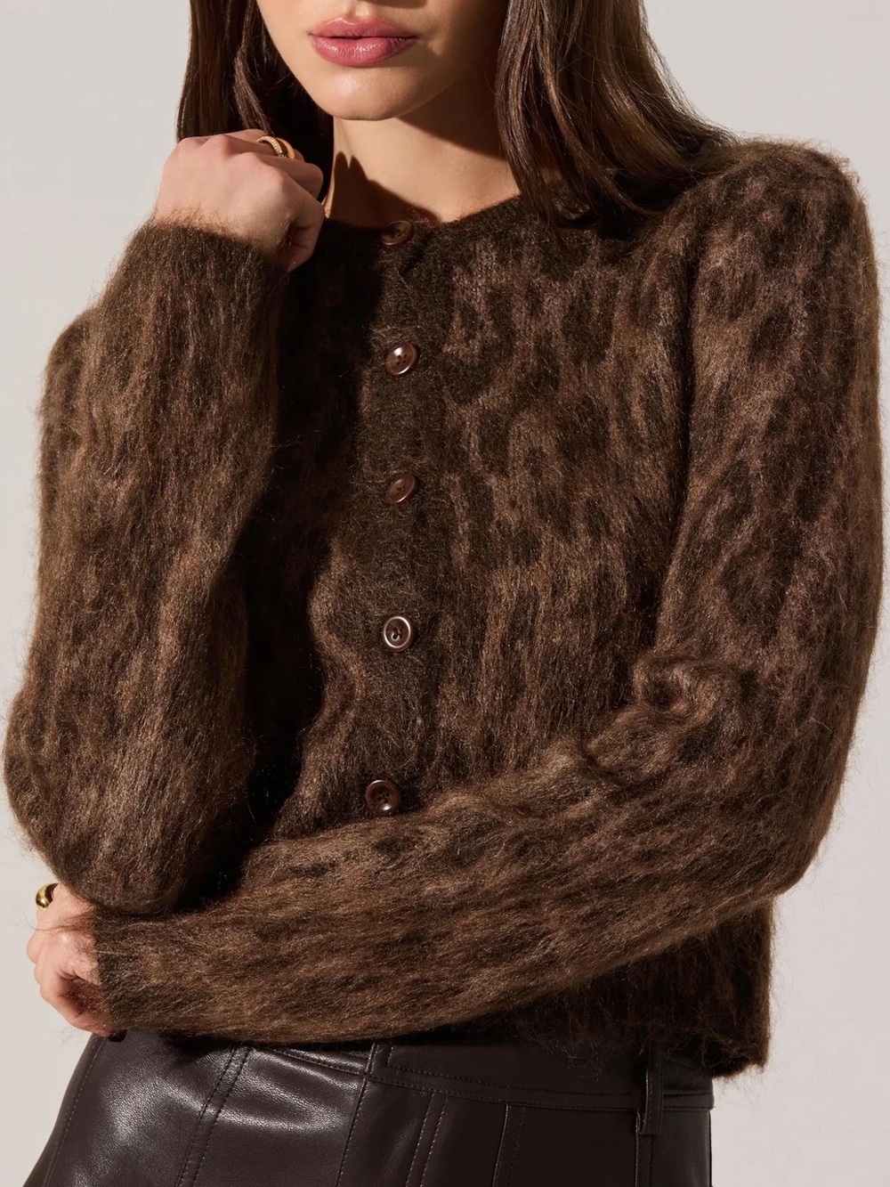 ASTR the Label Katria Fuzzy Crewneck Cardigan, Brown Cheetah - Various Sizes